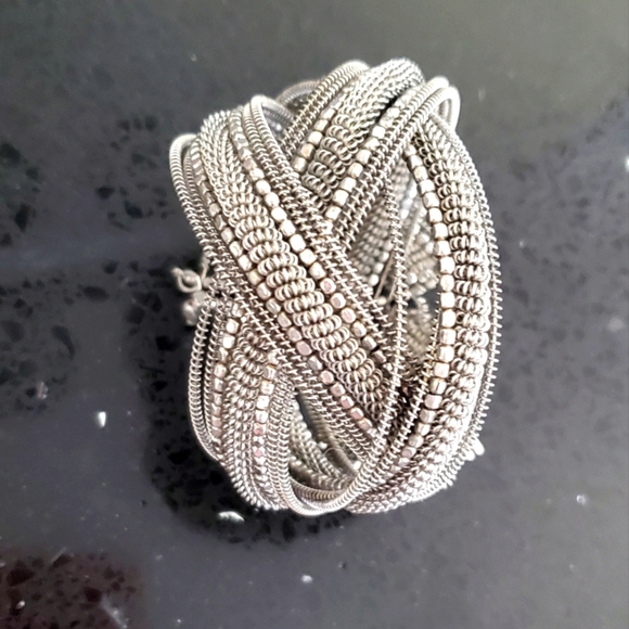 Vintage Silver Metal Memory Wire Braided Beaded Cuff Bracelet - Picture 5 of 5